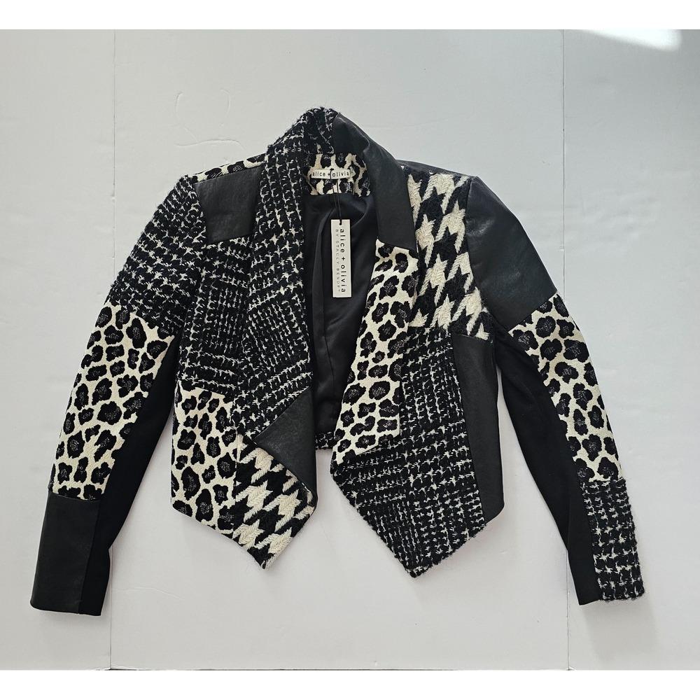 Alice + Olivia Small Harvey Cropped Tweed Leather Leopard Jacket Patchwork NWT - Picture 2 of 12